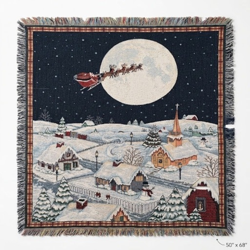 Christmas Tapestry Throw Blanket Santa Reindeer Sleigh Winter Village Fringe
